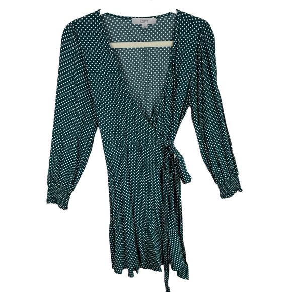 LOFT Green White Polka Dot Long Sleeve Short Ruffled Bottom Wrap Dress Size 4 - Picture 1 of 8